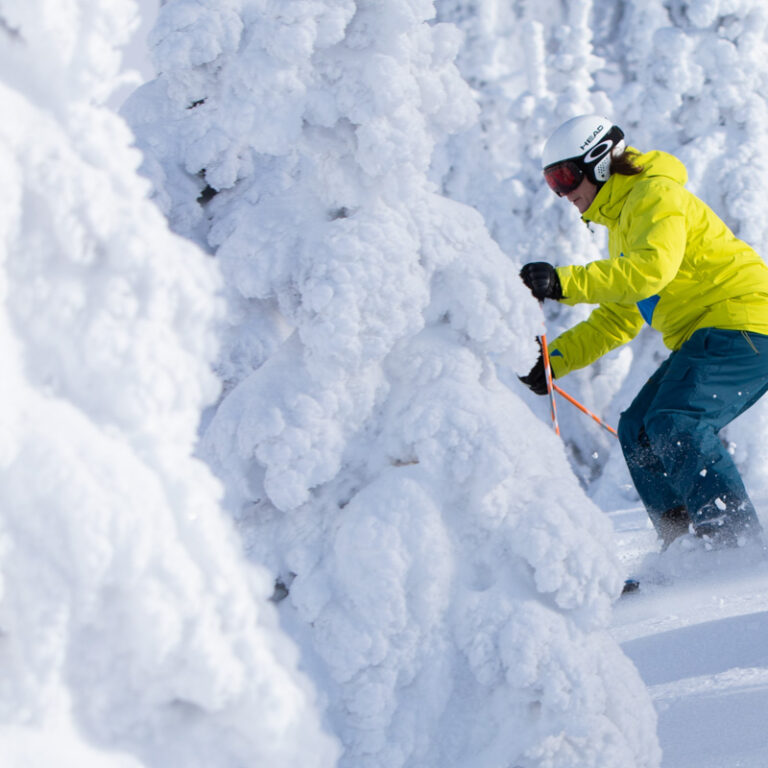 Man skiing past frozen trees on the mountain.