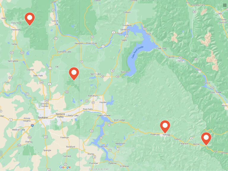map of ski locations around Spokane.