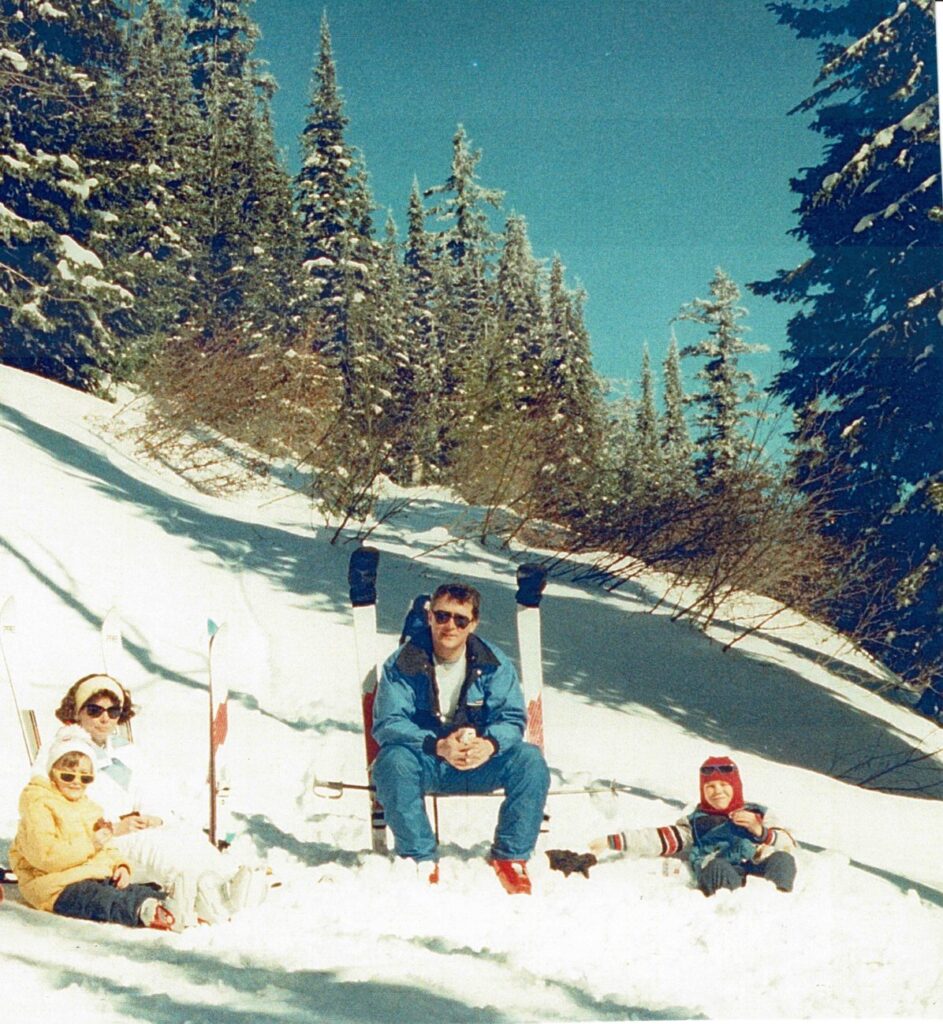 Dana, Kim, Craig, and Mike at Mt. Spokane, 1988, on Swede’s Folly run. // Photo courtesy of Kim Lukes